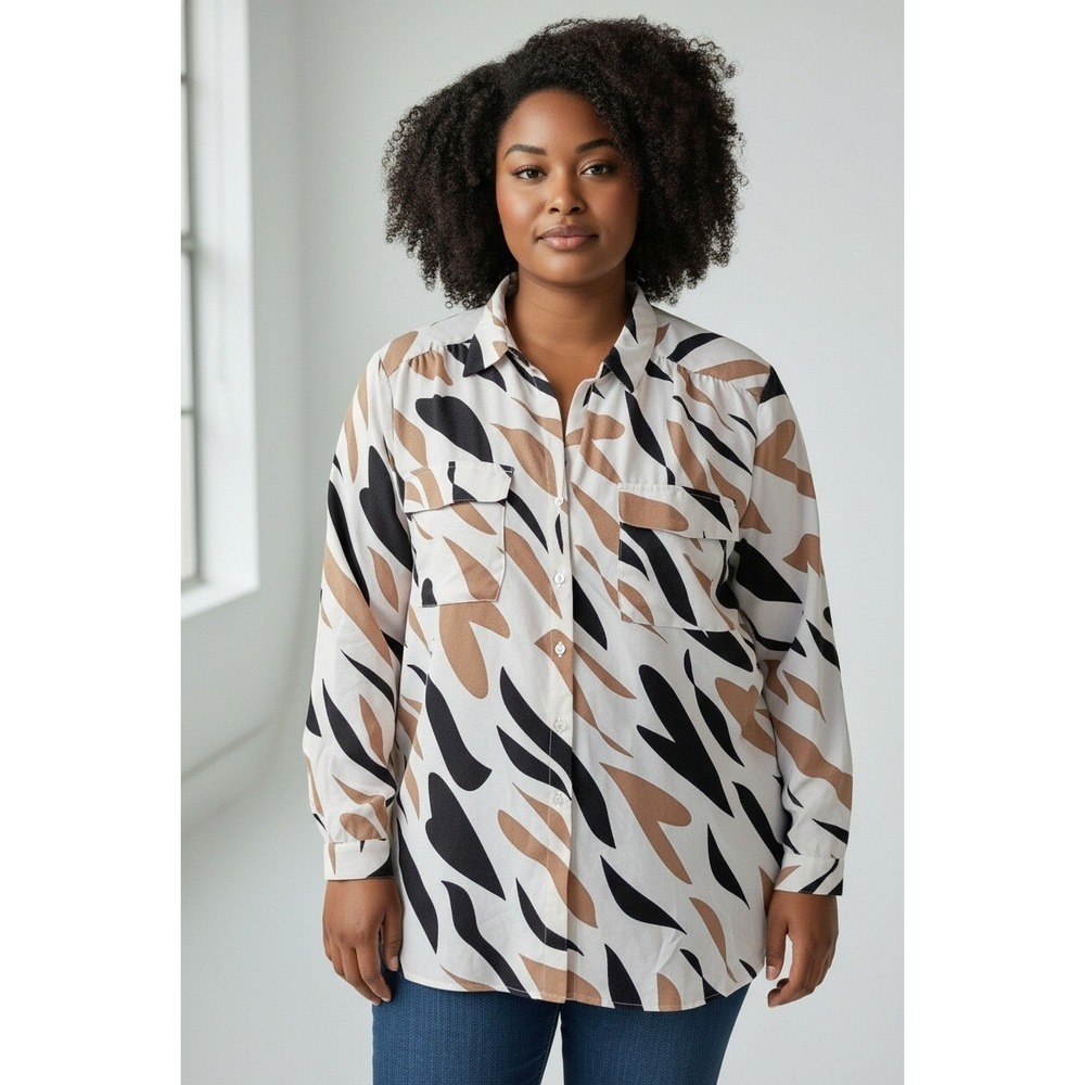 Ann Taylor Women's XL Abstract Print Pullover Blouse Top White Black Tan
